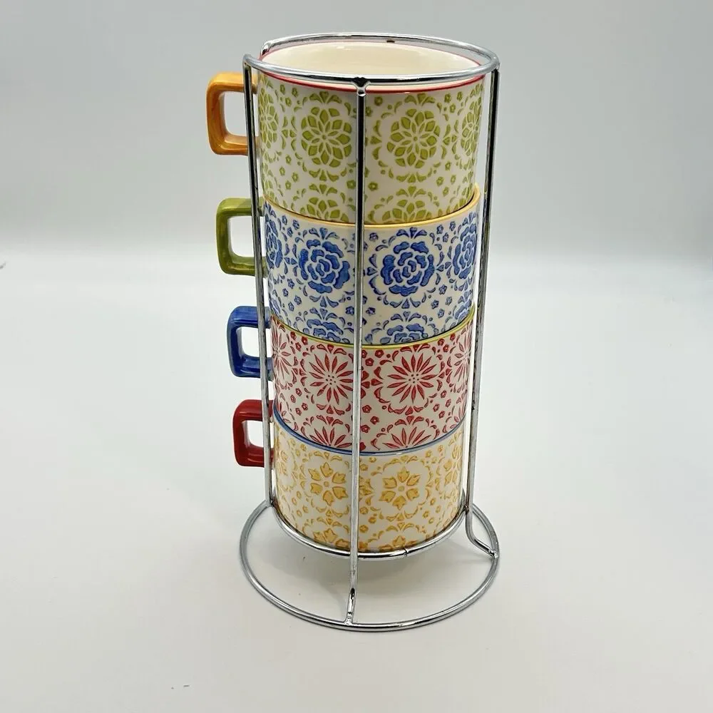 Pier 1 Imports Stackable Stoneware Mugs Set of 4 w/ Metal Stand Coffee  Cup